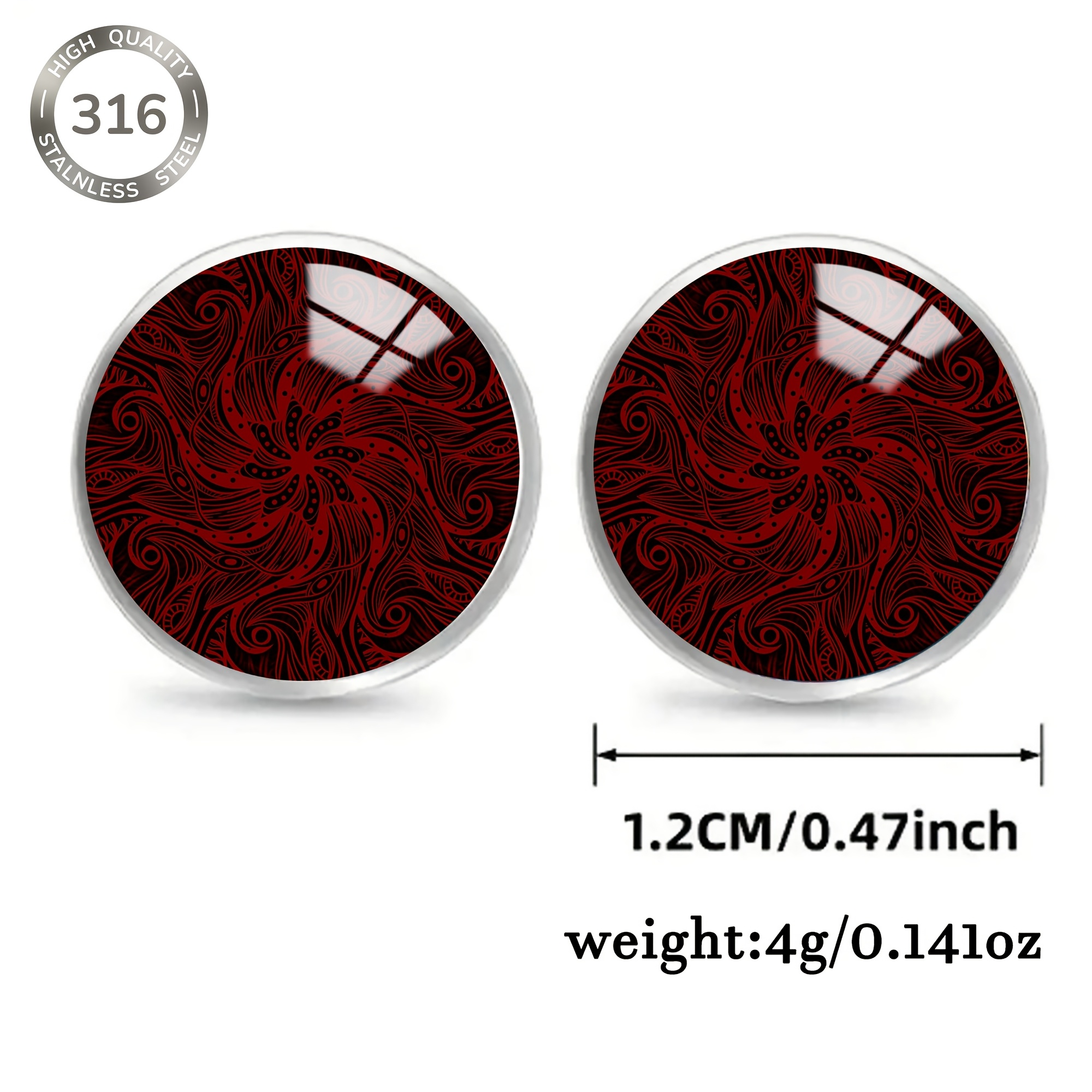 Red Mandala Spiral Floral Pattern Stainless Steel Stud Earrings